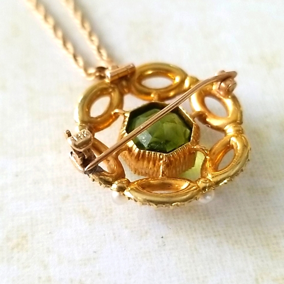 Vintage 14k Gold Cultured Pearl and Peridot Pendant Brooch Combo Necklace - Picture 13 of 16